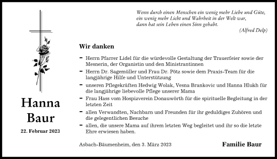 Traueranzeige von Hanna Baur von Donauwörther Zeitung