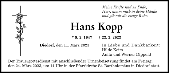 Traueranzeige von Hans Kopp von Augsburger Allgemeine