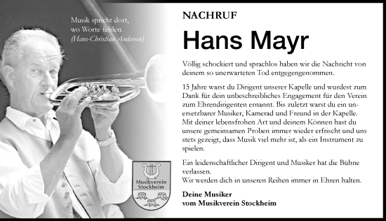 Traueranzeige von Hans Mayr von Mindelheimer Zeitung
