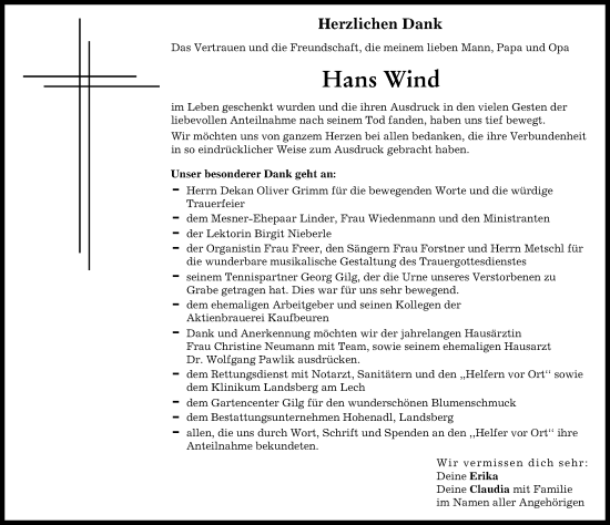 Traueranzeige von Hans Wind von Augsburger Allgemeine, Landsberger Tagblatt