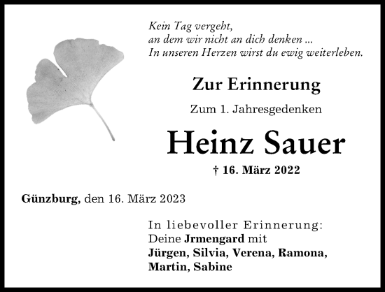 Traueranzeige von Heinz Sauer von Günzburger Zeitung