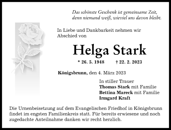Traueranzeige von Helga Stark von Schwabmünchner Allgemeine