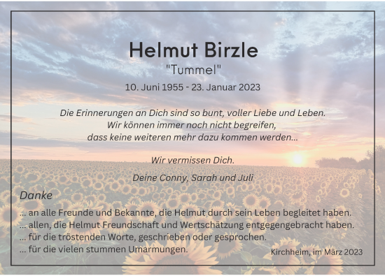 Traueranzeige von Helmut Birzle von Mindelheimer Zeitung