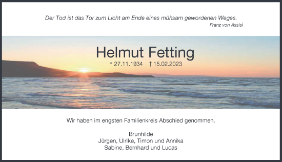 Traueranzeige von Helmut Fetting von Friedberger Allgemeine