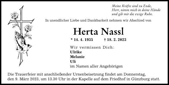 Traueranzeige von Herta Nassl von Günzburger Zeitung