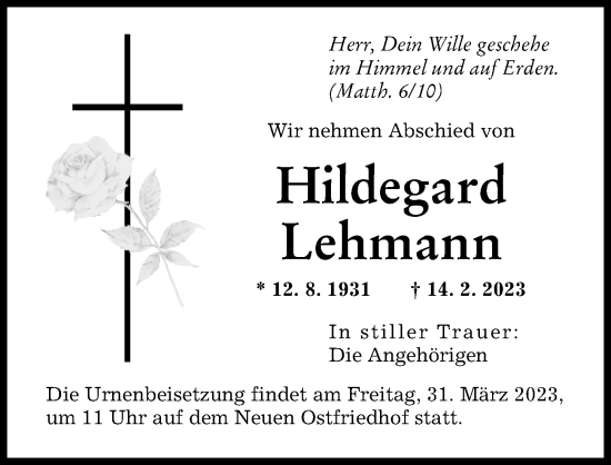 Traueranzeige von Hildegard Lehmann von Augsburger Allgemeine