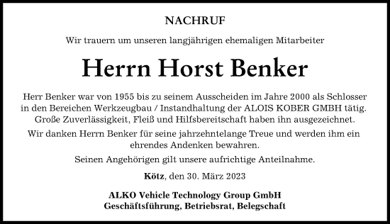 Traueranzeige von Horst Benker von Günzburger Zeitung