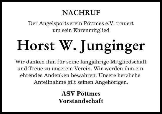 Traueranzeige von Horst W. Junginger von Aichacher Nachrichten