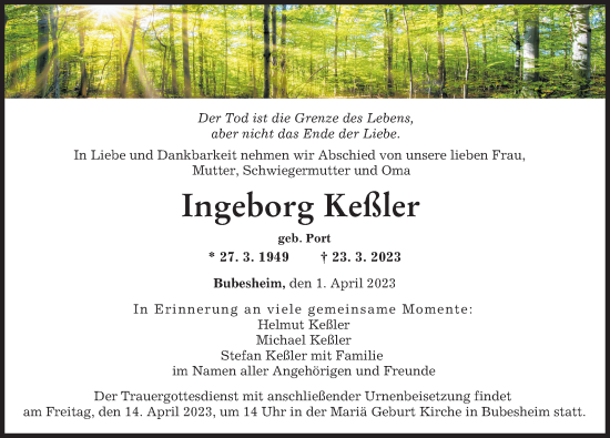 Traueranzeige von Ingeborg Keßler von Günzburger Zeitung