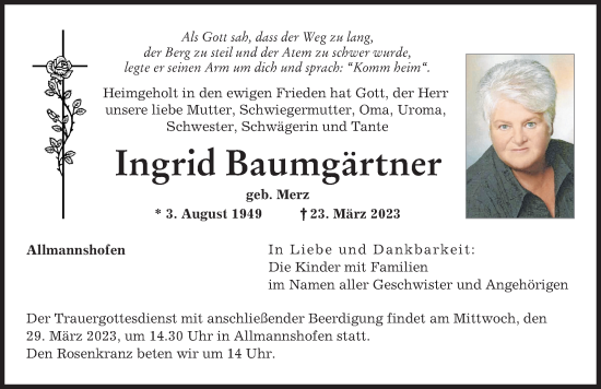 Traueranzeige von Ingrid Baumgärtner von Wertinger Zeitung