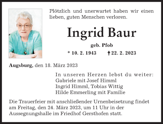 Traueranzeige von Ingrid Baur von Augsburger Allgemeine