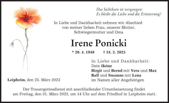 Traueranzeige von Irene Ponicki von Günzburger Zeitung