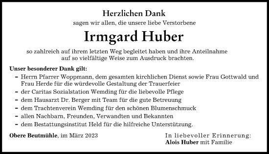 Traueranzeige von Irmgard Huber von Donauwörther Zeitung