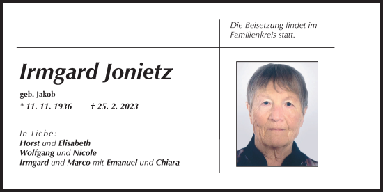 Traueranzeige von Irmgard Jonietz von Friedberger Allgemeine