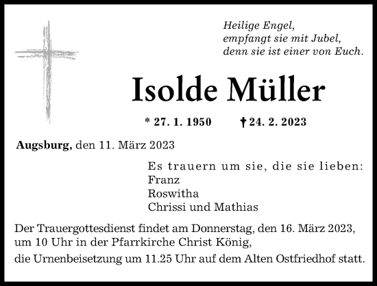 Traueranzeige von Isolde Müller von Augsburger Allgemeine