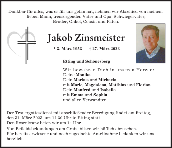 Traueranzeige von Jakob Zinsmeister von Neuburger Rundschau, Donauwörther Zeitung