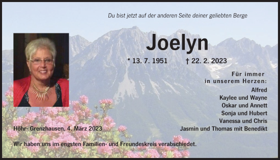 Traueranzeige von Joelyn  von Aichacher Nachrichten