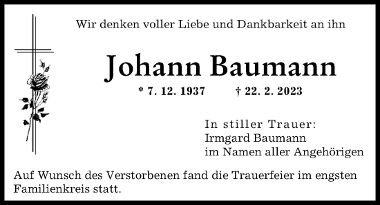 Traueranzeige von Johann Baumann von Augsburger Allgemeine
