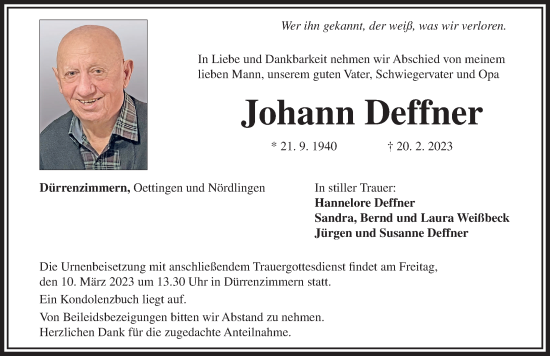 Traueranzeige von Johann Deffner von Rieser Nachrichten