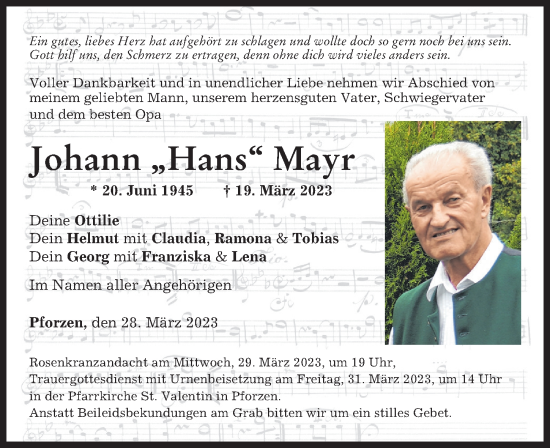 Traueranzeige von Johann Mayr von Mindelheimer Zeitung