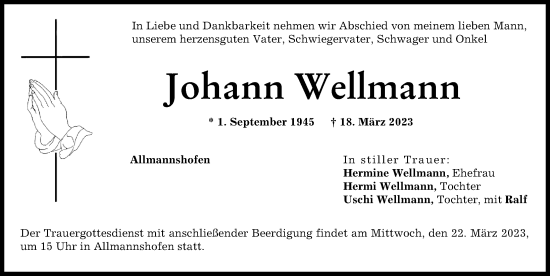 Traueranzeige von Johann Wellmann von Augsburg-Land