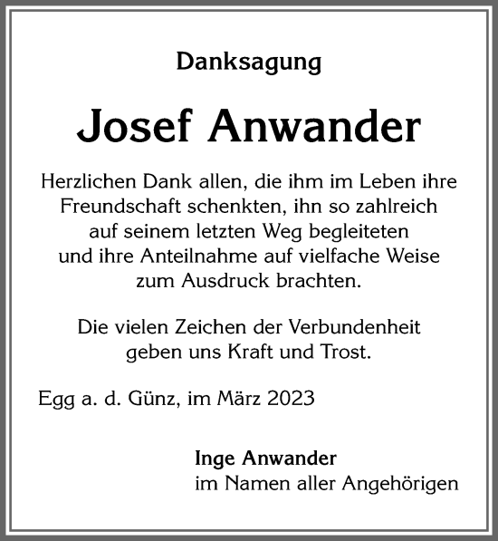 Traueranzeige von Josef Anwander von Allgäuer Zeitung