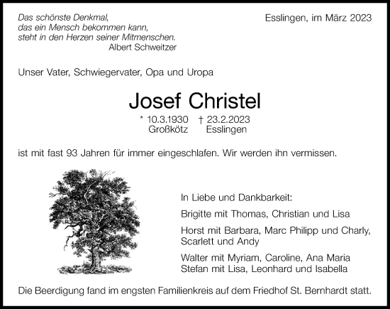 Traueranzeige von Josef Christel von Günzburger Zeitung