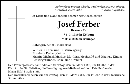 Traueranzeige von Josef Ferber von Augsburger Allgemeine
