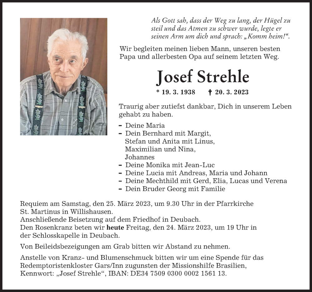  Traueranzeige für Josef Strehle vom 24.03.2023 aus Augsburger Allgemeine