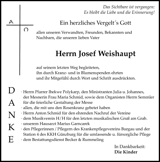 Traueranzeige von Josef Weishaupt von Günzburger Zeitung
