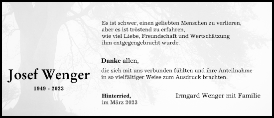 Traueranzeige von Josef Wenger von Wertinger Zeitung