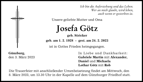 Traueranzeige von Josefa Götz von Günzburger Zeitung