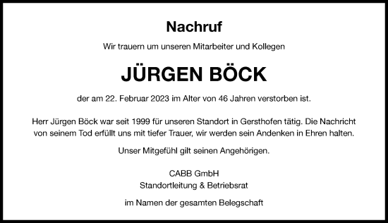 Traueranzeige von Jürgen Böck von Augsburger Allgemeine