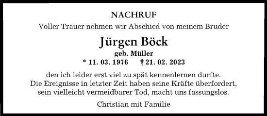 Traueranzeige von Jürgen Böck von Augsburger Allgemeine