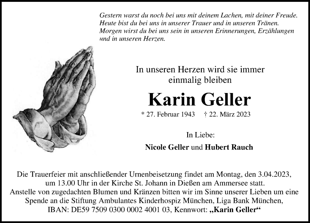  Traueranzeige für Karin Geller vom 28.03.2023 aus Landsberger Tagblatt