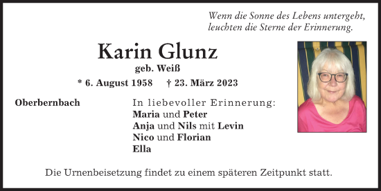 Traueranzeige von Karin Glunz von Aichacher Nachrichten