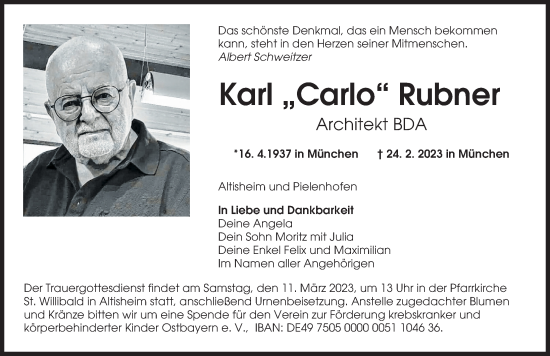 Traueranzeige von Karl Rubner von Donauwörther Zeitung