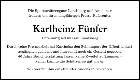 Traueranzeige von Karlheinz Fünfer von Landsberger Tagblatt