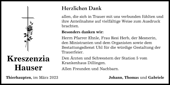 Traueranzeige von Kreszenzia Hauser von Augsburg-Land