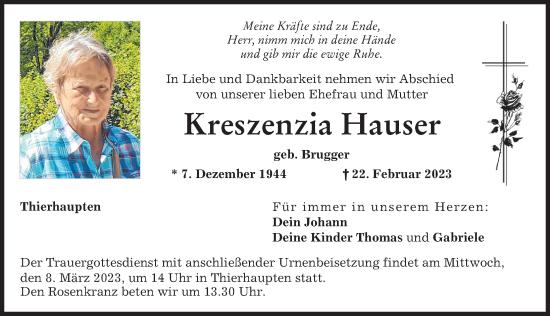 Traueranzeige von Kreszenzia Hauser von Augsburg-Land