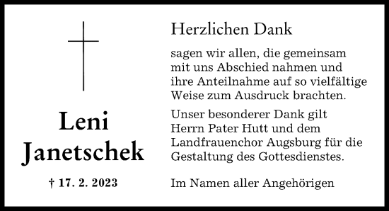 Traueranzeige von Leni Janetschek von Augsburger Allgemeine