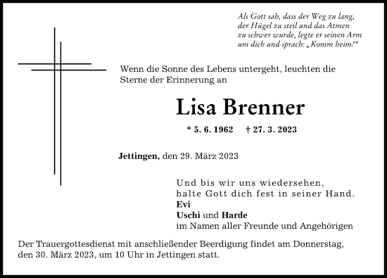 Traueranzeige von Lisa Brenner von Günzburger Zeitung
