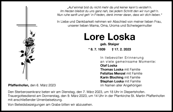 Traueranzeige von Lore Loska von Neu-Ulmer Zeitung