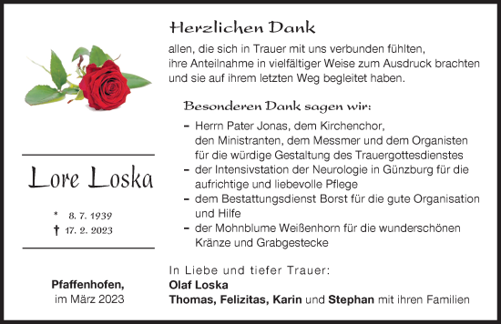 Traueranzeige von Lore Loska von Neu-Ulmer Zeitung