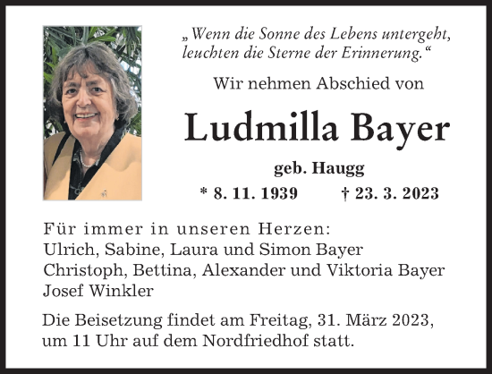 Traueranzeige von Ludmilla Bayer von Augsburger Allgemeine