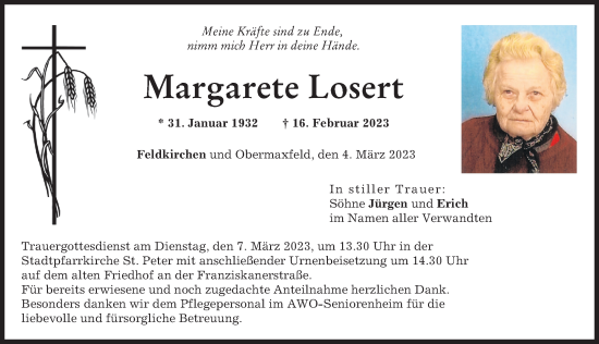 Traueranzeige von Margarete Losert von Neuburger Rundschau