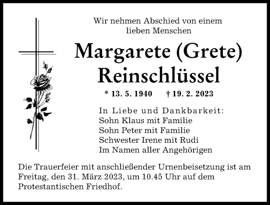 Traueranzeige von Margarete Reinschlüssel von Augsburger Allgemeine