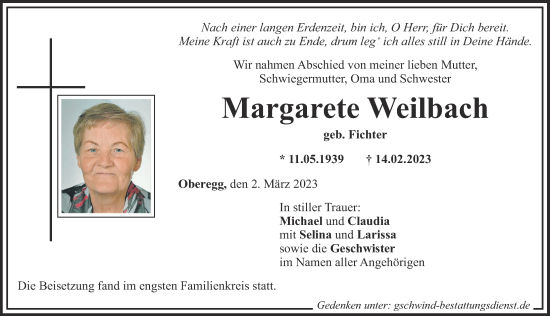 Traueranzeige von Margarete Weilbach von Mittelschwäbische Nachrichten