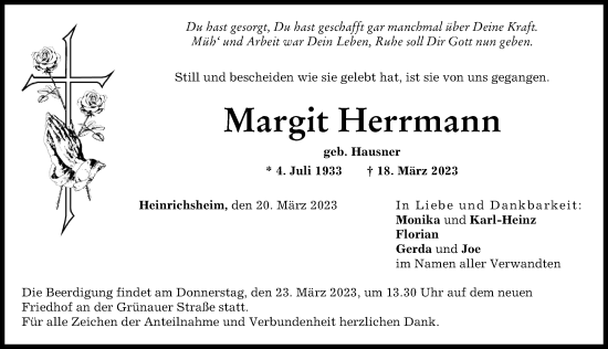 Traueranzeige von Margit Herrmann von Neuburger Rundschau