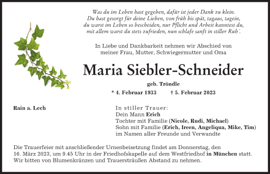 Traueranzeige von Maria Siebler-Schneider von Donauwörther Zeitung